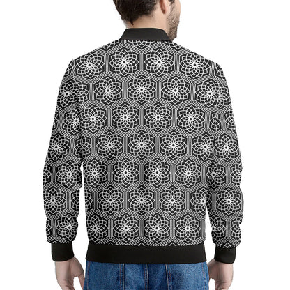 White And Black Lotus Pattern Print Men's Bomber Jacket
