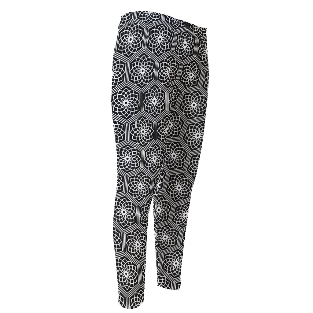 White And Black Lotus Pattern Print Men's Compression Pants
