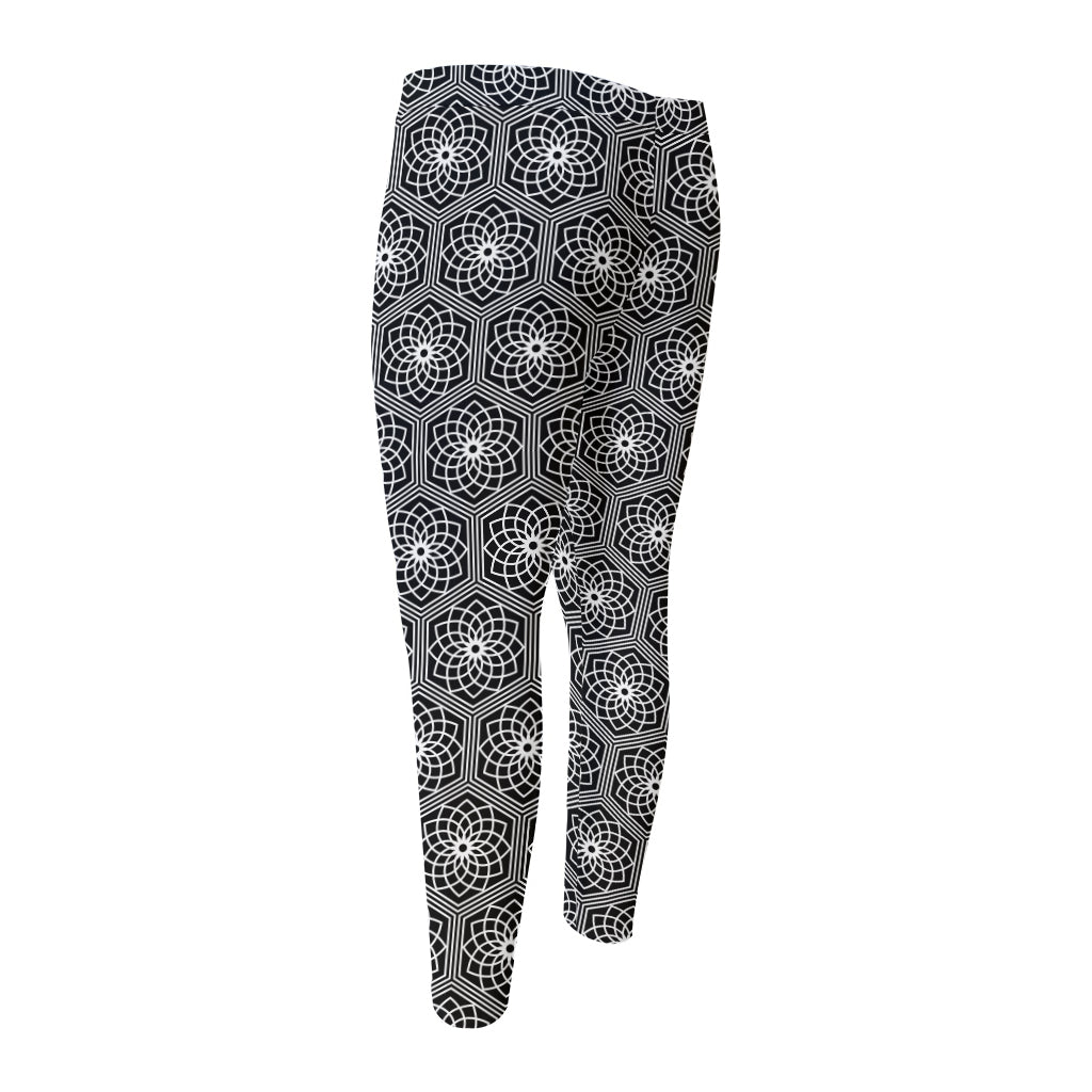 White And Black Lotus Pattern Print Men's Compression Pants