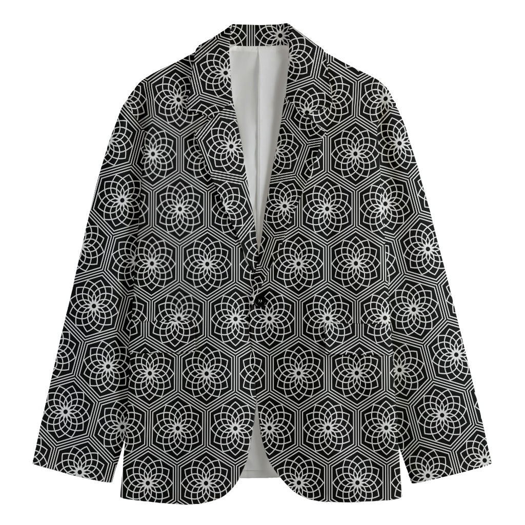 White And Black Lotus Pattern Print Men's Cotton Blazer