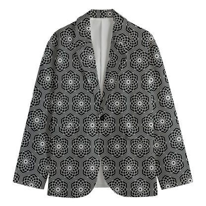 White And Black Lotus Pattern Print Men's Cotton Blazer