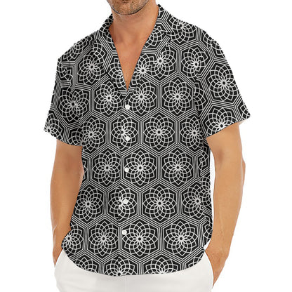 White And Black Lotus Pattern Print Men's Deep V-Neck Shirt