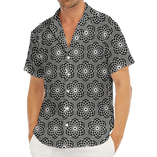 White And Black Lotus Pattern Print Men's Deep V-Neck Shirt