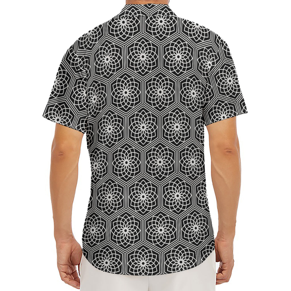 White And Black Lotus Pattern Print Men's Deep V-Neck Shirt