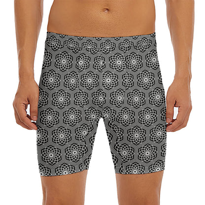 White And Black Lotus Pattern Print Men's Long Boxer Briefs