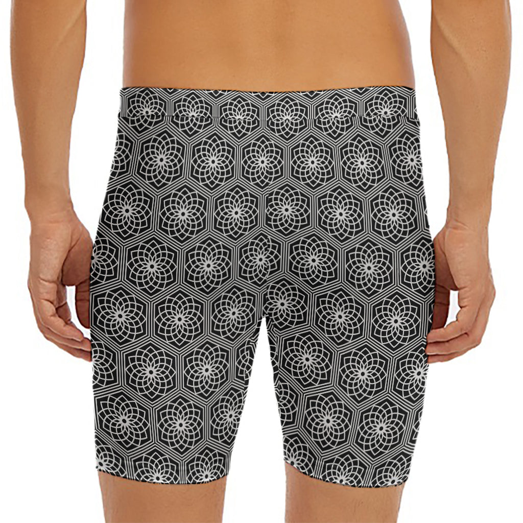 White And Black Lotus Pattern Print Men's Long Boxer Briefs