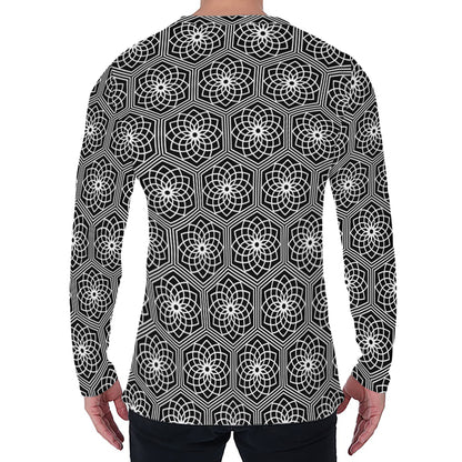 White And Black Lotus Pattern Print Men's Long Sleeve T-Shirt