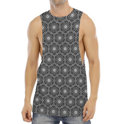 White And Black Lotus Pattern Print Men's Muscle Tank Top