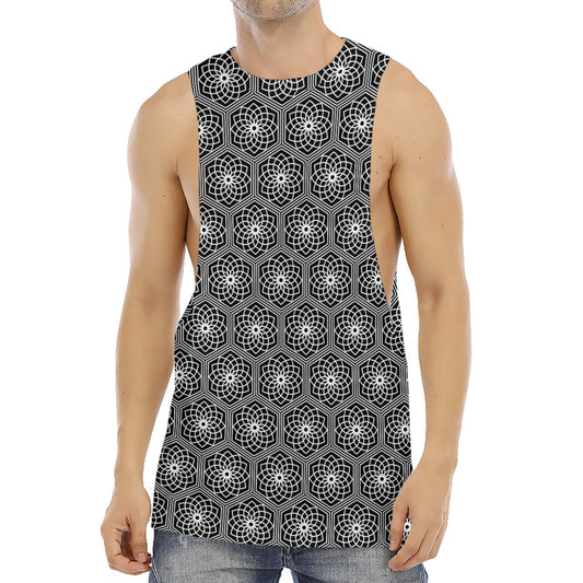 White And Black Lotus Pattern Print Men's Muscle Tank Top