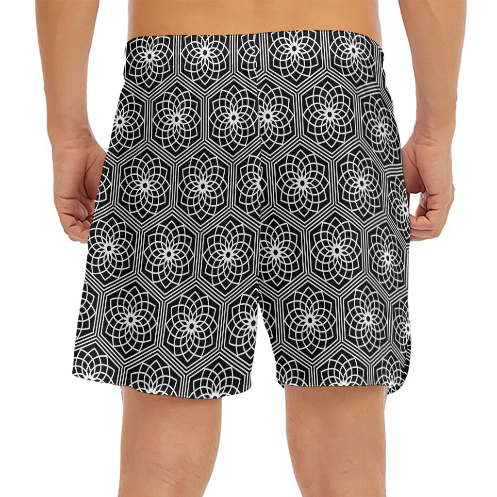 White And Black Lotus Pattern Print Men's Split Running Shorts
