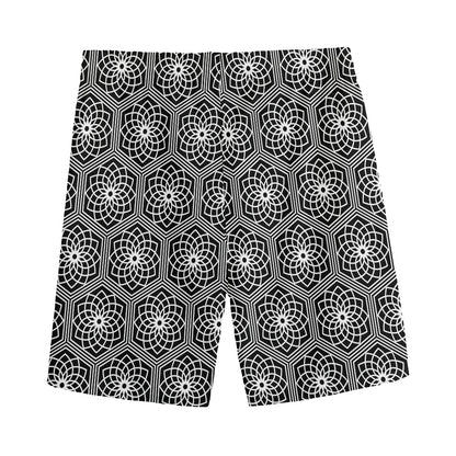 White And Black Lotus Pattern Print Men's Sports Shorts