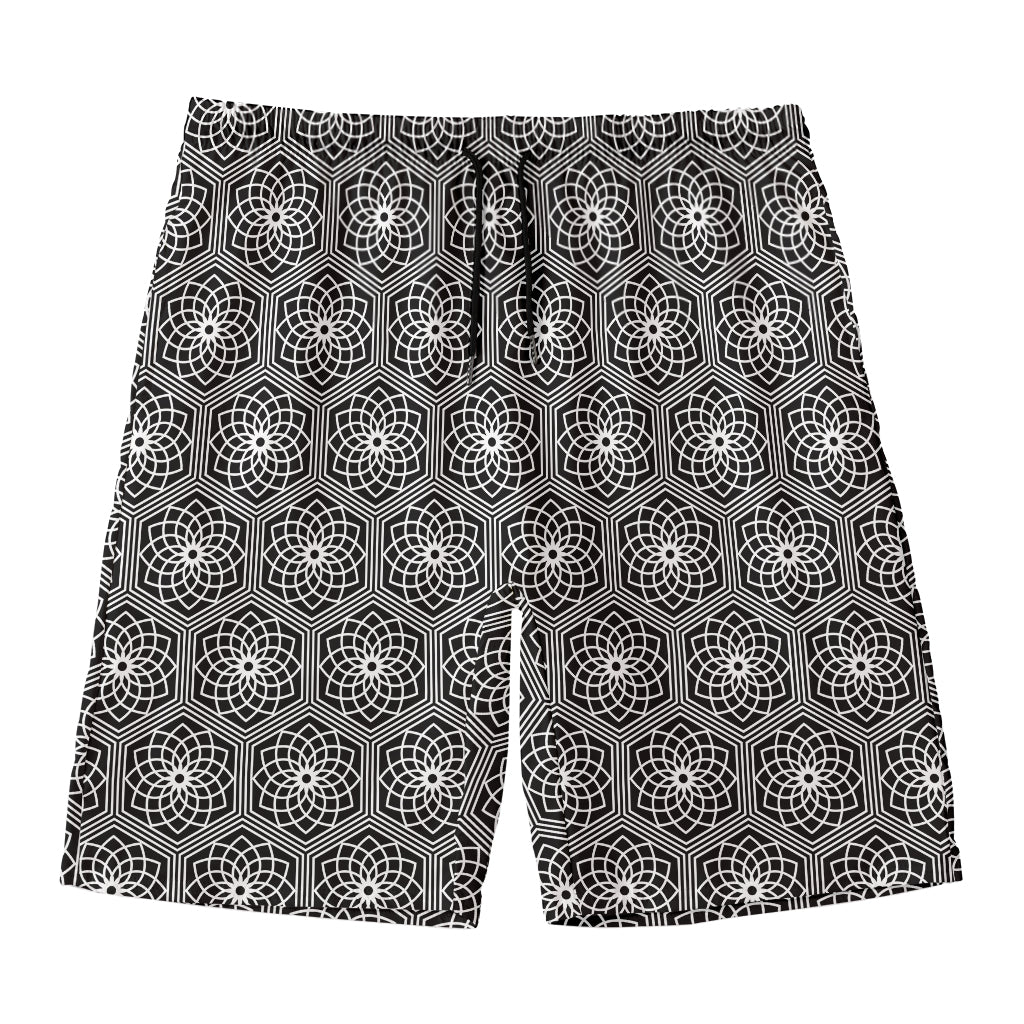 White And Black Lotus Pattern Print Men's Swim Trunks