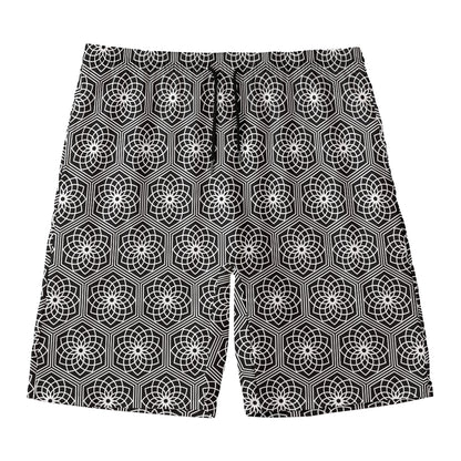 White And Black Lotus Pattern Print Men's Swim Trunks