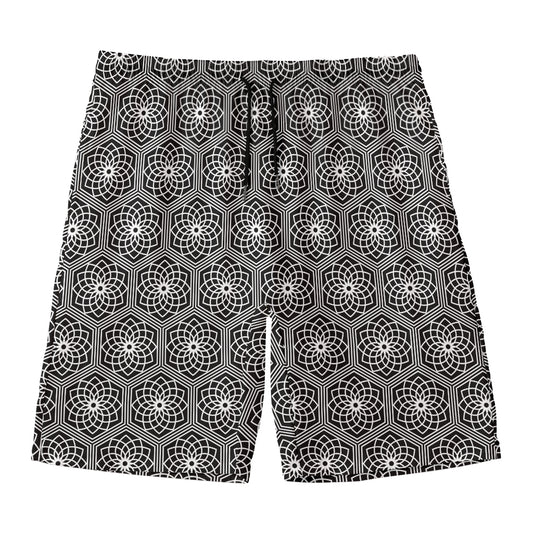 White And Black Lotus Pattern Print Men's Swim Trunks