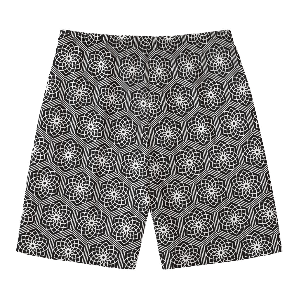 White And Black Lotus Pattern Print Men's Swim Trunks