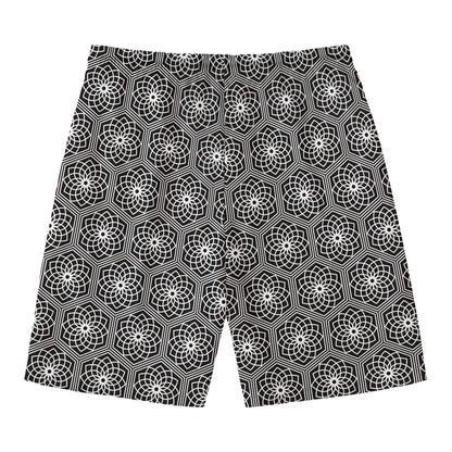 White And Black Lotus Pattern Print Men's Swim Trunks
