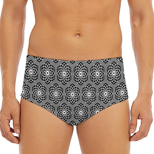 White And Black Lotus Pattern Print Men's Triangle Swim Briefs