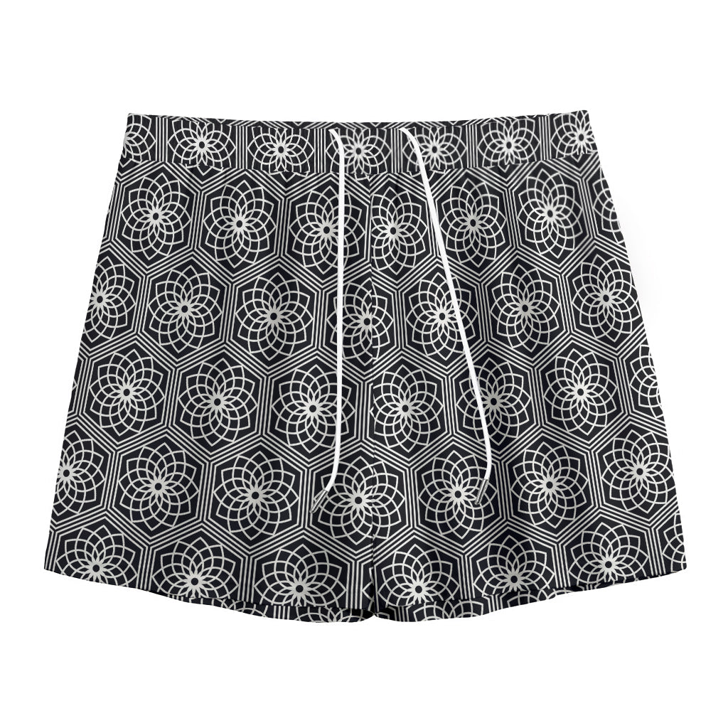 White And Black Lotus Pattern Print Mesh Shorts