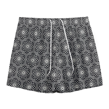 White And Black Lotus Pattern Print Mesh Shorts