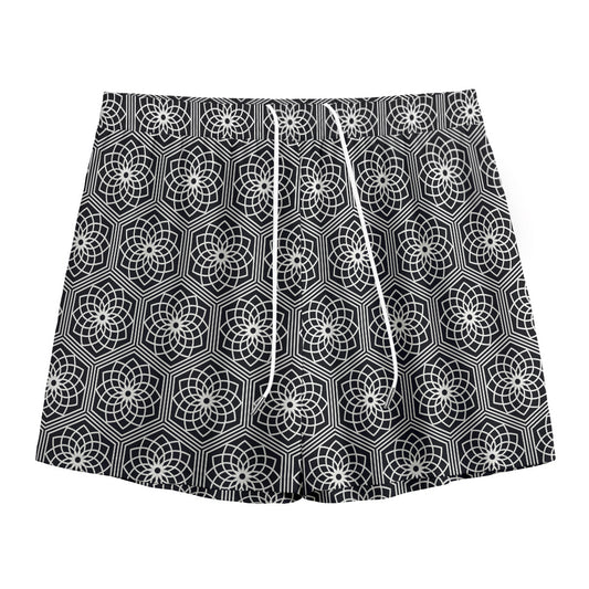 White And Black Lotus Pattern Print Mesh Shorts