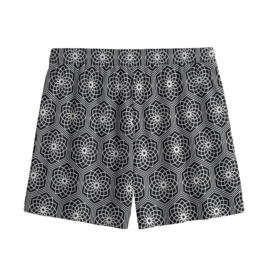 White And Black Lotus Pattern Print Mesh Shorts