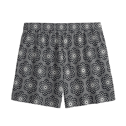 White And Black Lotus Pattern Print Mesh Shorts