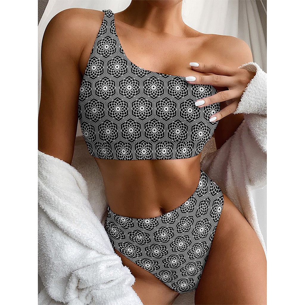 White And Black Lotus Pattern Print One Shoulder Bikini Top