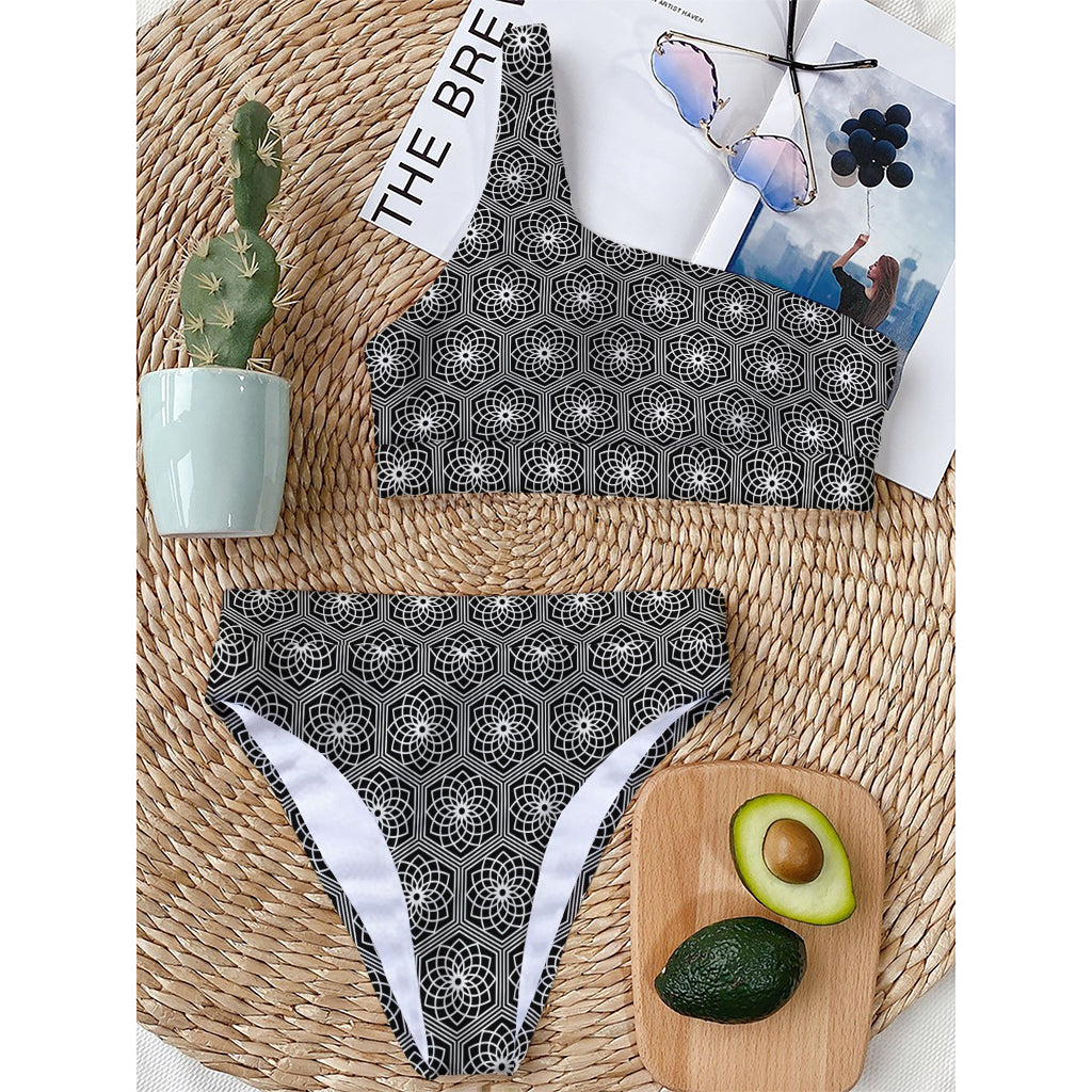 White And Black Lotus Pattern Print One Shoulder Bikini Top