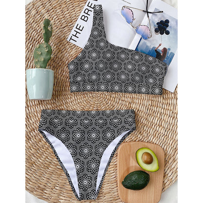 White And Black Lotus Pattern Print One Shoulder Bikini Top