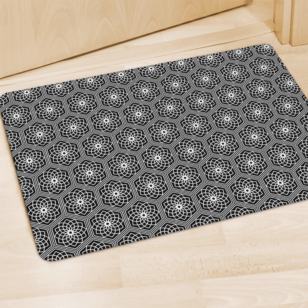 White And Black Lotus Pattern Print Polyester Doormat