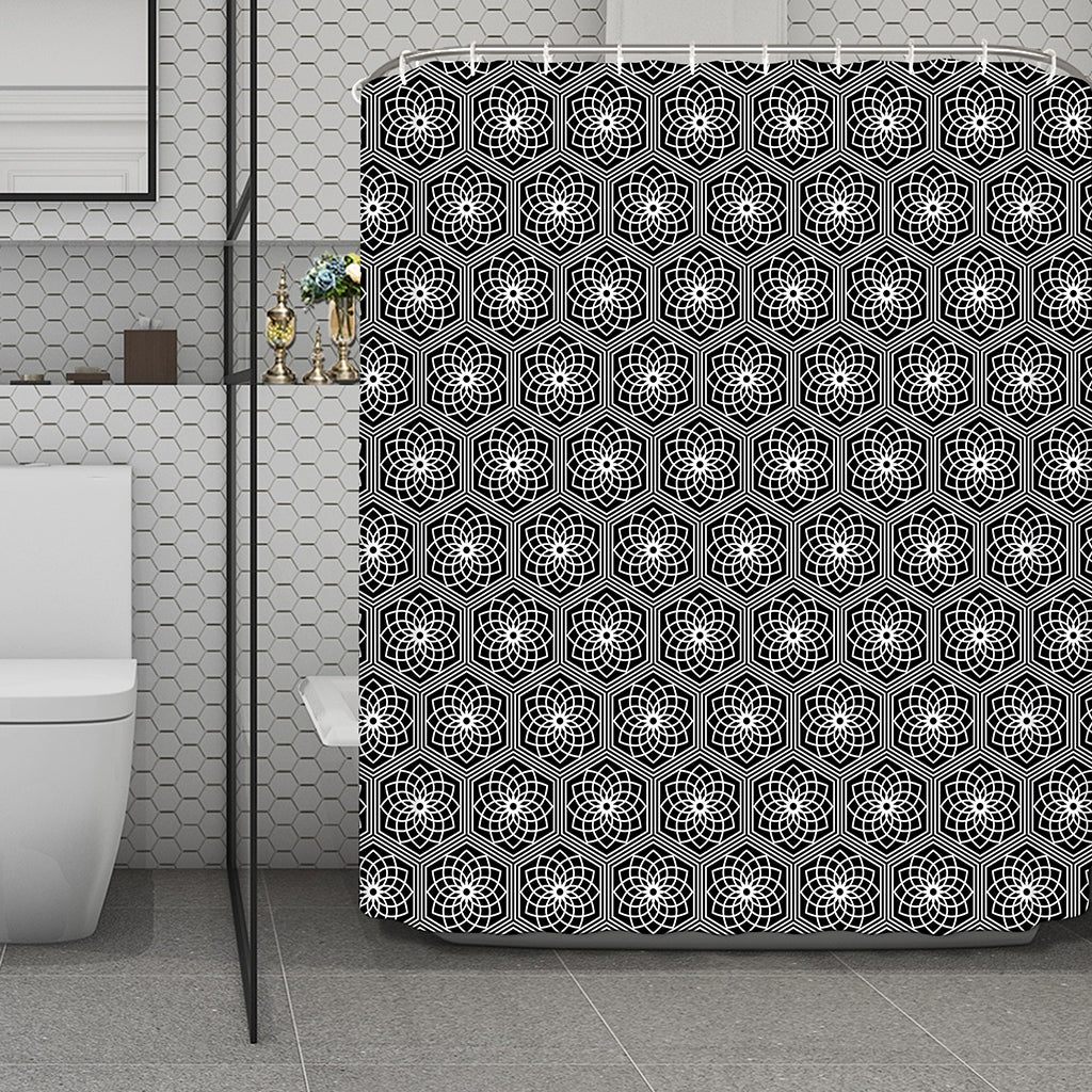 White And Black Lotus Pattern Print Polyester Shower Curtain