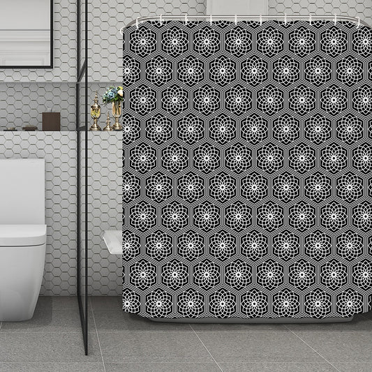 White And Black Lotus Pattern Print Polyester Shower Curtain