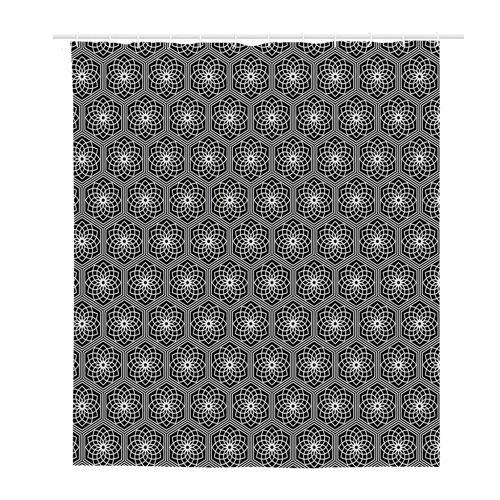 White And Black Lotus Pattern Print Polyester Shower Curtain
