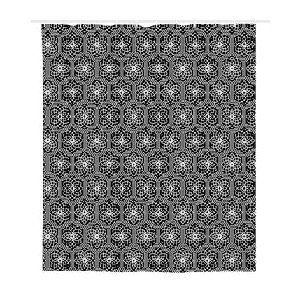White And Black Lotus Pattern Print Polyester Shower Curtain