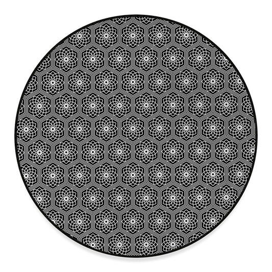 White And Black Lotus Pattern Print Round Floor Mat