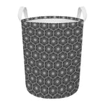 White And Black Lotus Pattern Print Round Laundry Basket