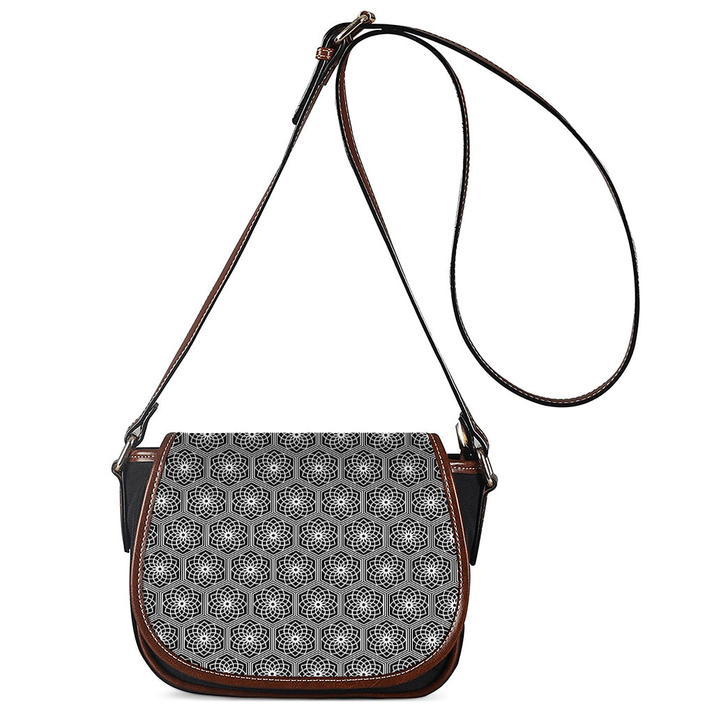White And Black Lotus Pattern Print Saddle Bag