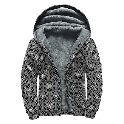 White And Black Lotus Pattern Print Sherpa Lined Zip Up Hoodie