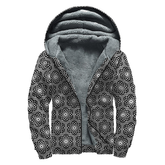 White And Black Lotus Pattern Print Sherpa Lined Zip Up Hoodie