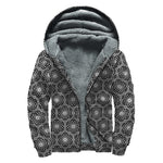 White And Black Lotus Pattern Print Sherpa Lined Zip Up Hoodie