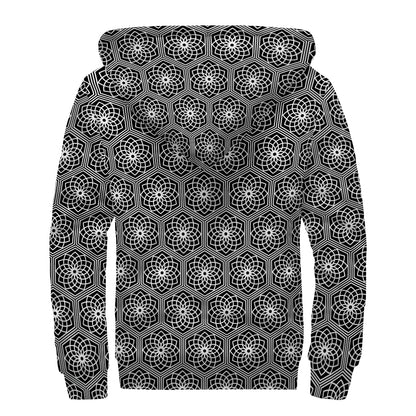 White And Black Lotus Pattern Print Sherpa Lined Zip Up Hoodie