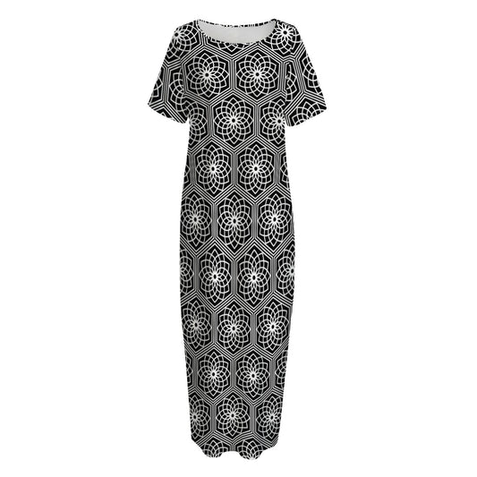 White And Black Lotus Pattern Print Short Sleeve Long Nightdress