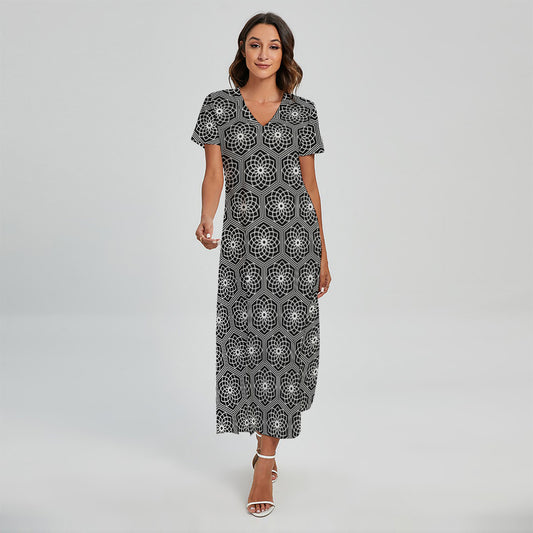White And Black Lotus Pattern Print Short Sleeve Maxi Dress