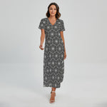 White And Black Lotus Pattern Print Short Sleeve Maxi Dress