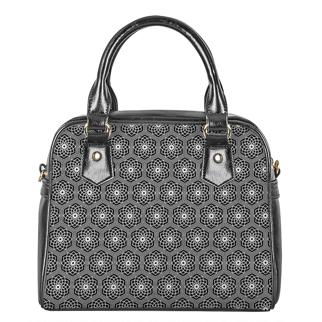 White And Black Lotus Pattern Print Shoulder Handbag