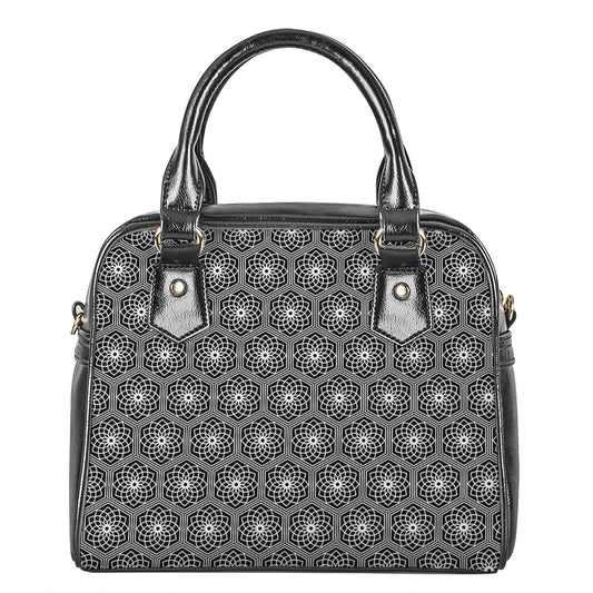 White And Black Lotus Pattern Print Shoulder Handbag