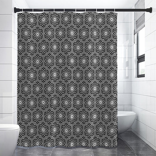 White And Black Lotus Pattern Print Shower Curtain