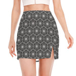 White And Black Lotus Pattern Print Side Slit Mini Skirt