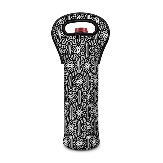 White And Black Lotus Pattern Print Single Neoprene Wine Tote