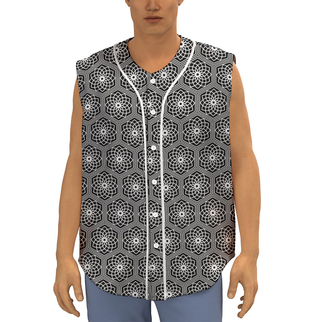 White And Black Lotus Pattern Print Sleeveless Baseball Jersey